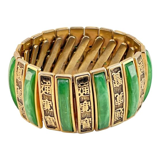 Expansion Cuff Green Marbled Bracelet, Good Luck Symbols, Lucite, Vintage, Mid C - Picture 4 of 6